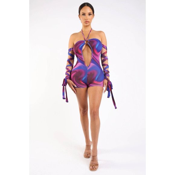 Pants - Women's Strappy Sleeve Printed Jumpsuit Romper O Ring Cut Out Polyester